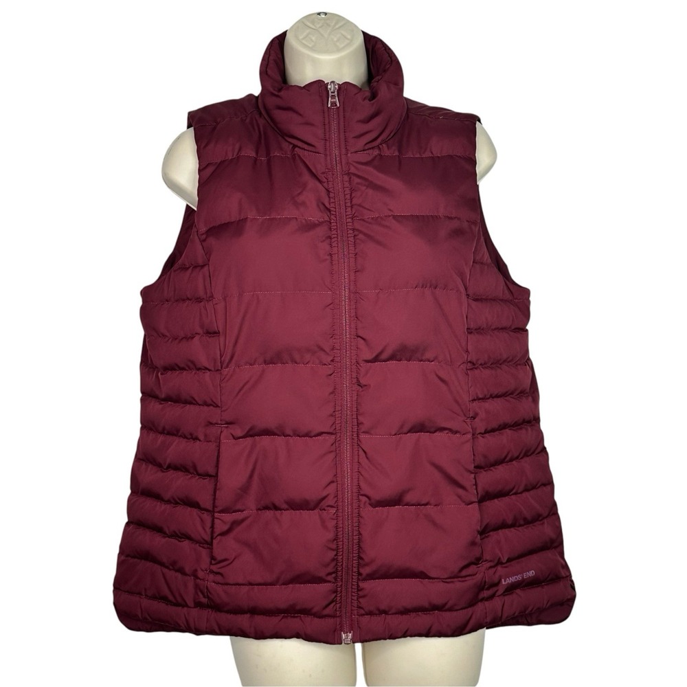 Lands End Womens M 10-12 Down Puffer Vest Burgundy 80% Down Feather Full Zip